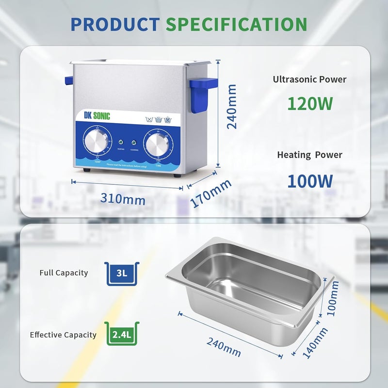 DK SONIC Ultrasonic Cleaner,3L 120W Ultrasonic Jewelry Cleaner with Heater& Mechanical Timer,Sonic Cleaner for Cleaning Jewelry,Eyeglasses,Coins(Include Basket) - Image 4